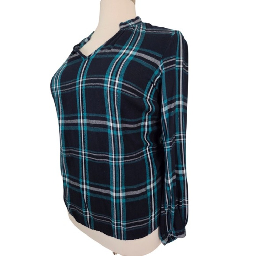 Lane Bryant Teal Navy Plaid Metallic Split Neck Blouse Top Womens 16 - Picture 4 of 8